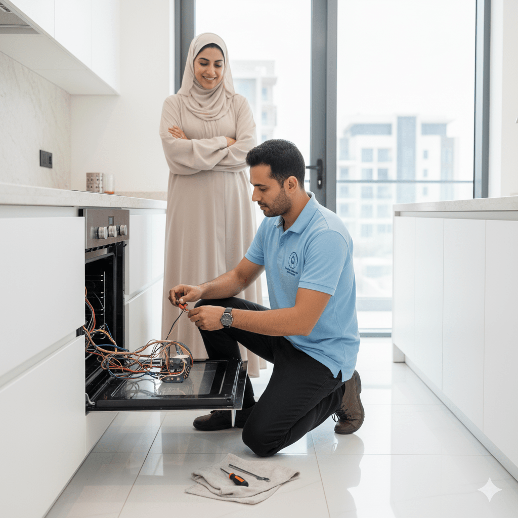 Technician repairing a microwave for a client in Abu Dhabi
