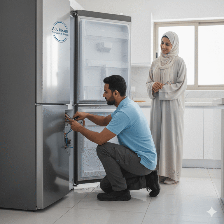 Technician repairing a refrigerator for a client in Abu Dhabi
