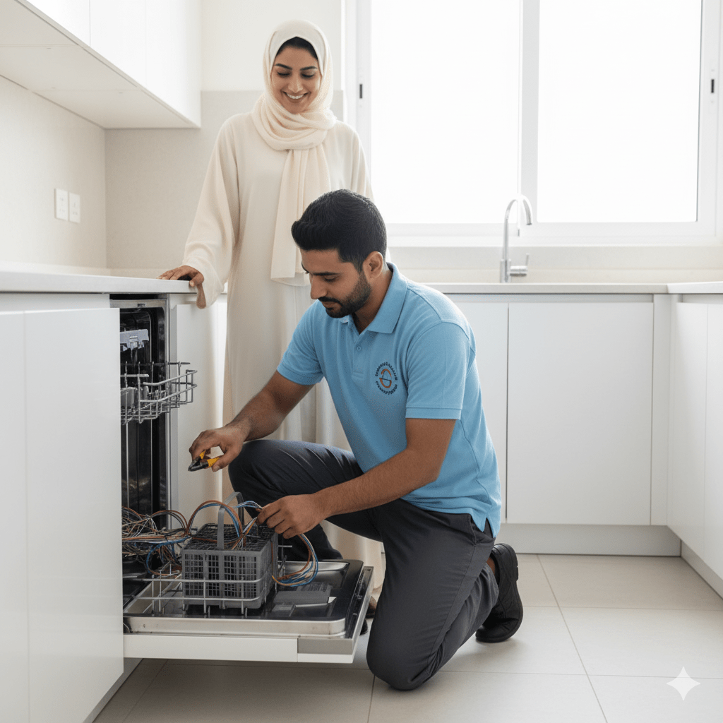 Technician repairing a dishwasher for a client in Abu Dhabi