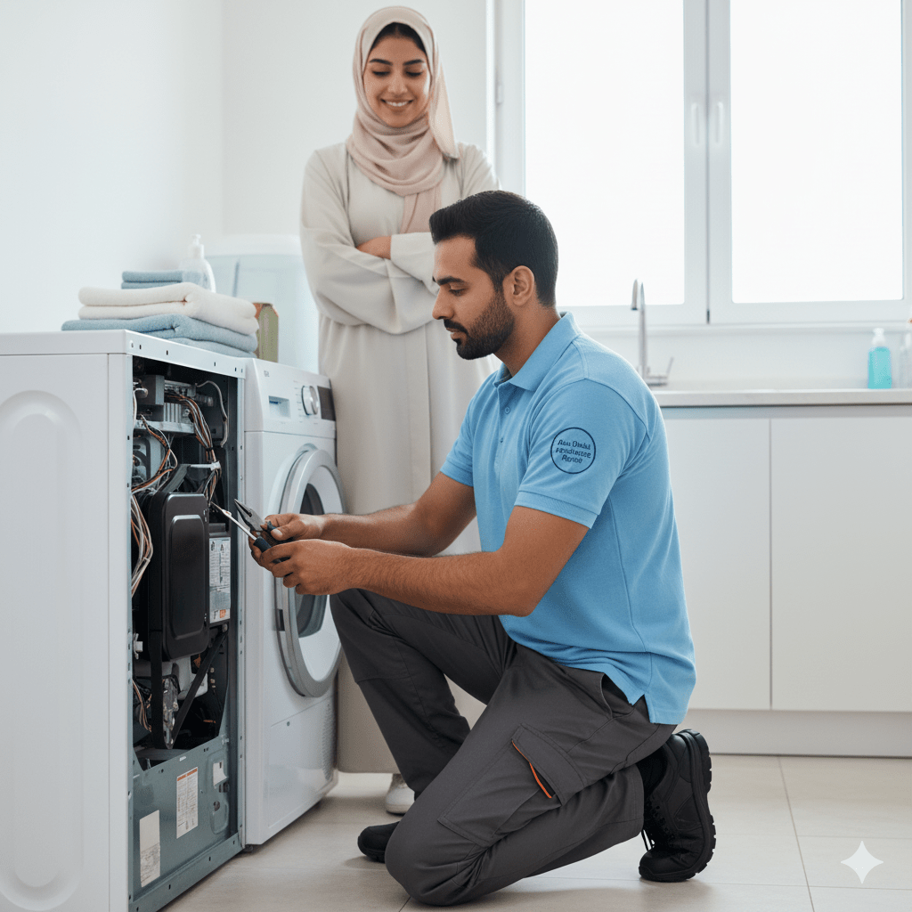Technician repairing a dryer for a client in Abu Dhabi
