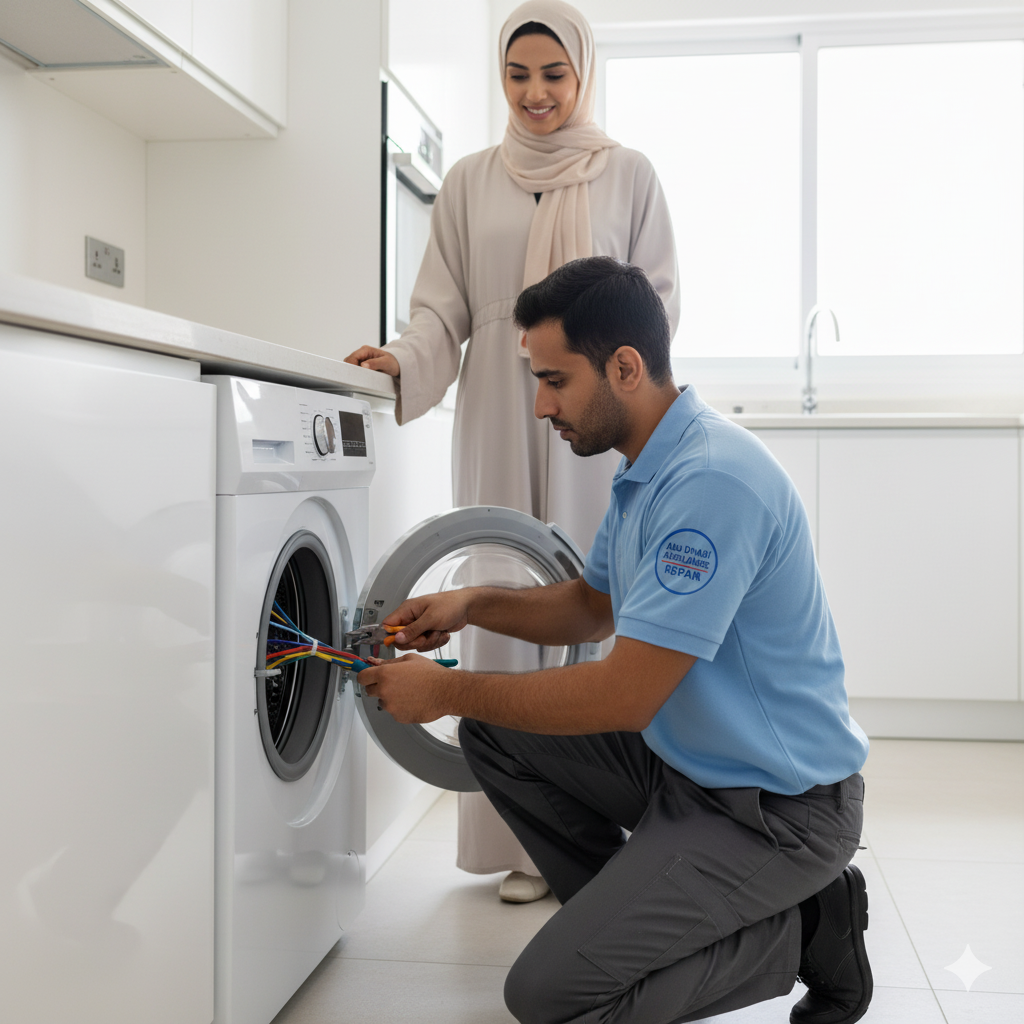 Technician repairing a dryer for a client in Abu Dhabi