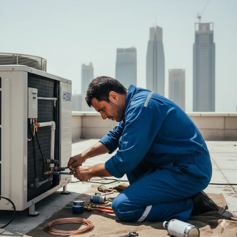 Professional technician performing AC Repair Abu Dhabi on a rooftop unit with city skyscrapers in the background.