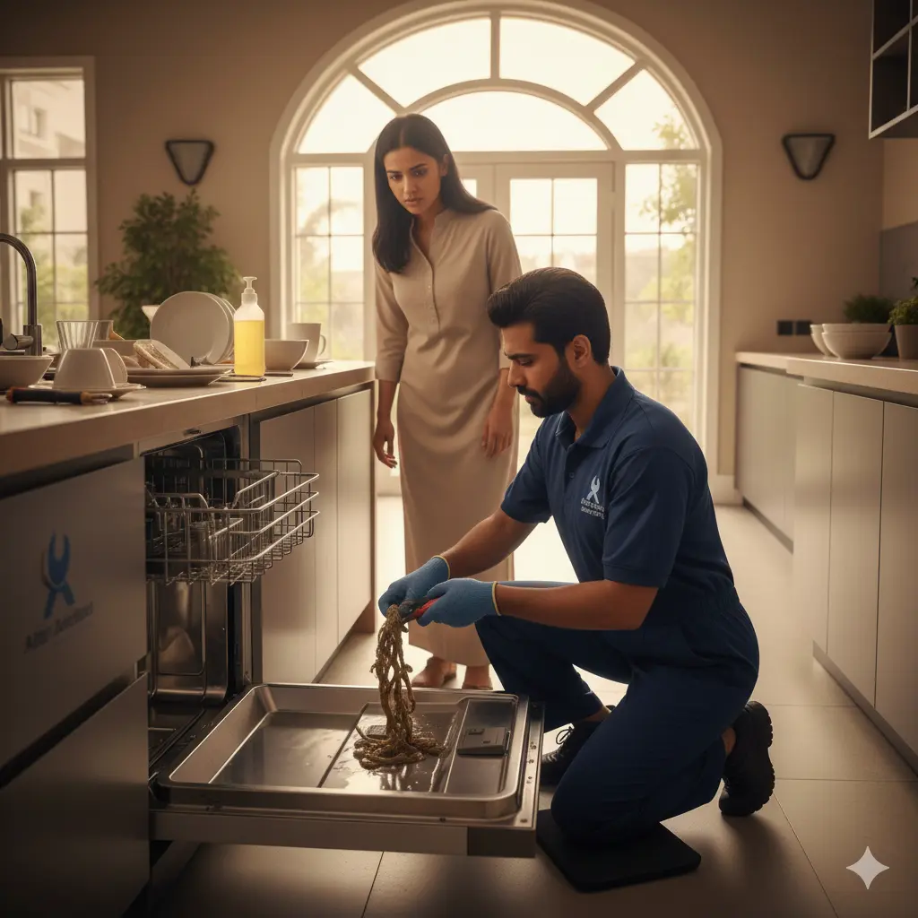 Professional male technician and Dishwasher Experts In Abu Dhabi repairing a dishwasher that is not draining in a modern kitchen while a woman observes.
