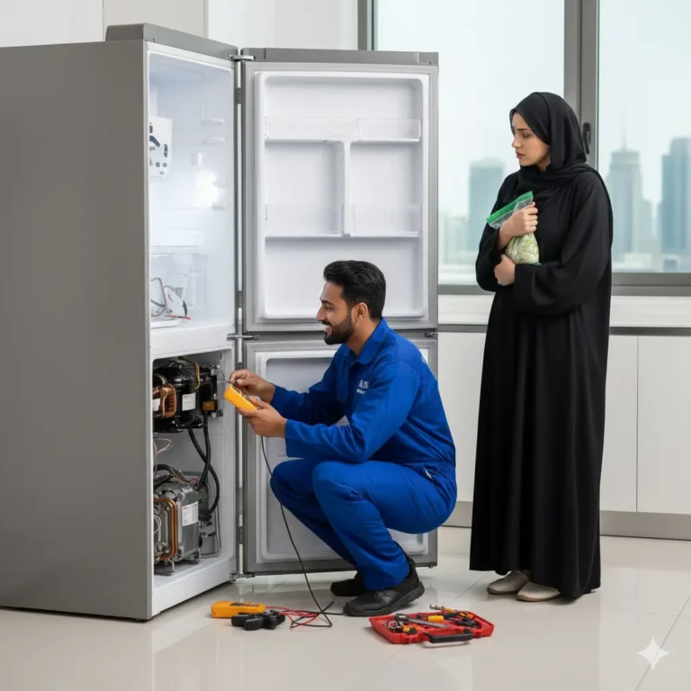 Skilled technician performing a Refrigerator Repair Abu Dhabi on a domestic fridge compressor using professional diagnostic tools.