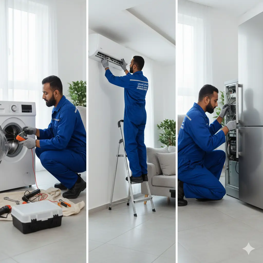 Professional technician in blue uniform repairing a washing machine, air conditioner, and refrigerator in a modern Abu Dhabi home