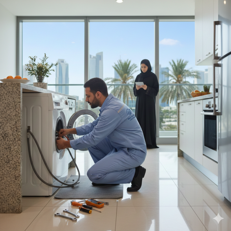 Technician repairing a washing machine during professional washing machine repair in Abu Dhabi