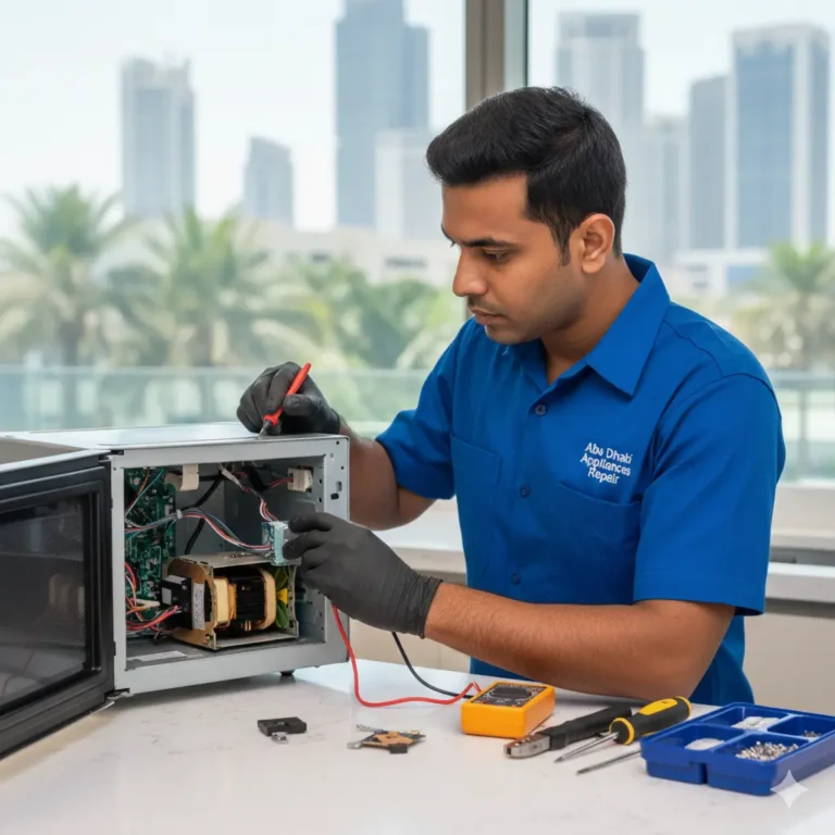 Professional technician performing a Microwave Fix Abu Dhabi using specialized diagnostic tools and genuine parts.