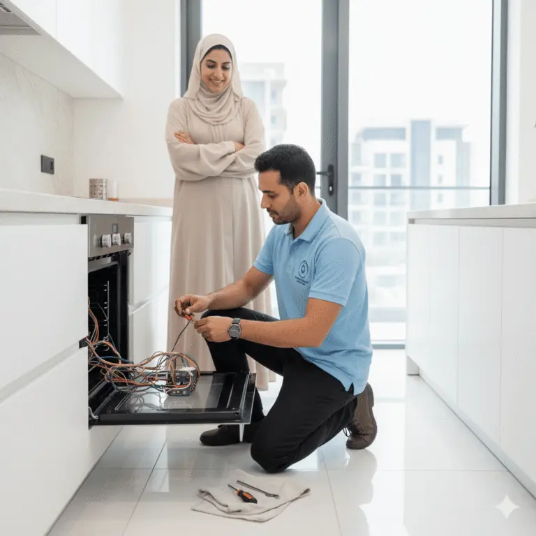 Dishwasher repair technician fixing a dishwasher in a home kitchen in Abu Dhabi