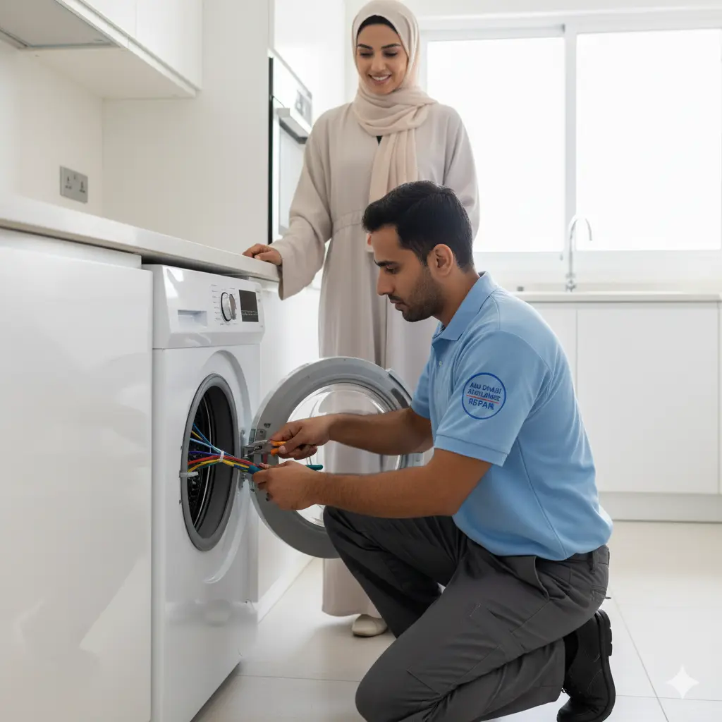 Dryer repair technician fixing a clothes dryer at a residential home in Abu Dhabi