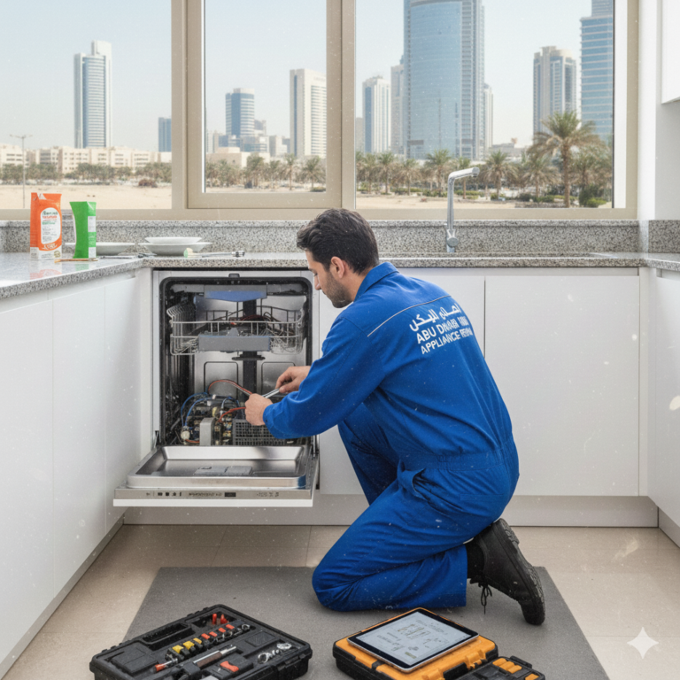Dishwasher Repair Abu Dhabi – professional technician fixing a dishwasher with expert tools