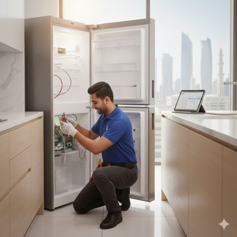 Professional technician providing expert Fridge Repair Abu Dhabi services in a modern kitchen with a city skyline view.