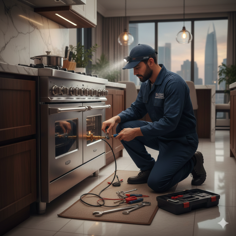 Expert technician providing Gas Stove Repair in Abu Dhabi while wearing the Abu Dhabi Maintenance Services uniform.