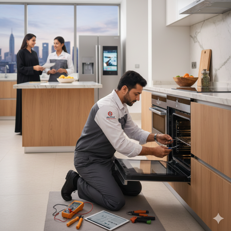 Professional technician performing top Appliance Repair Services Abu Dhabi on a modern household washing machine.