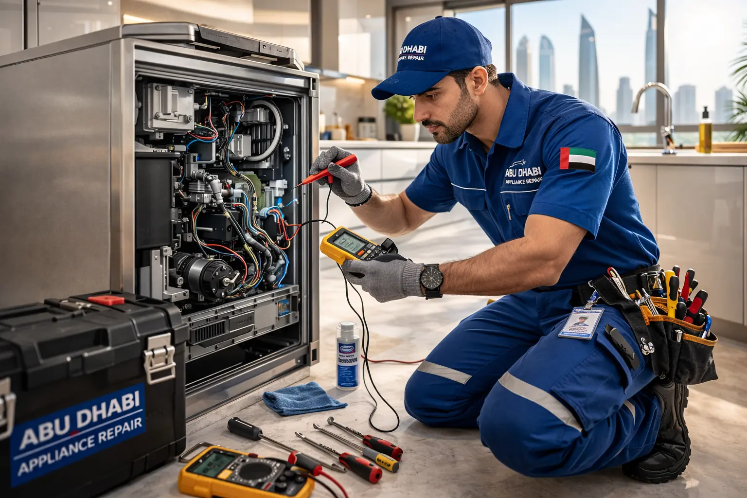 Technician repairing a coffee machine in ({city}), fixing espresso maker with professional tools and equipment.