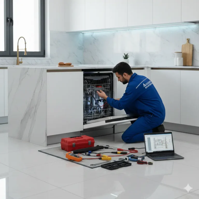Technician performing dishwasher repair in a modern Abu Dhabi kitchen
