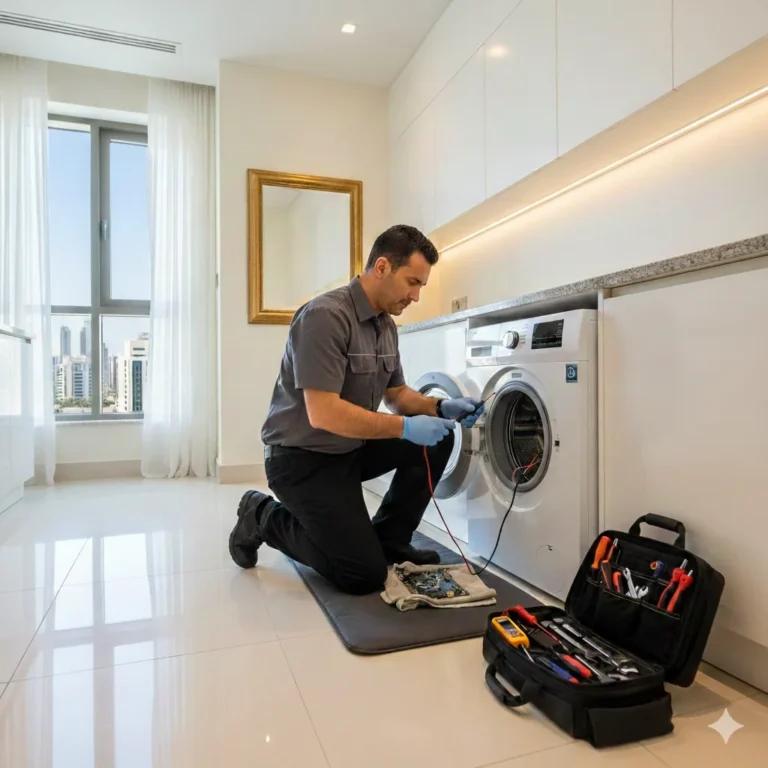 Technician performing washing machine repair in Abu Dhabi home laundry area