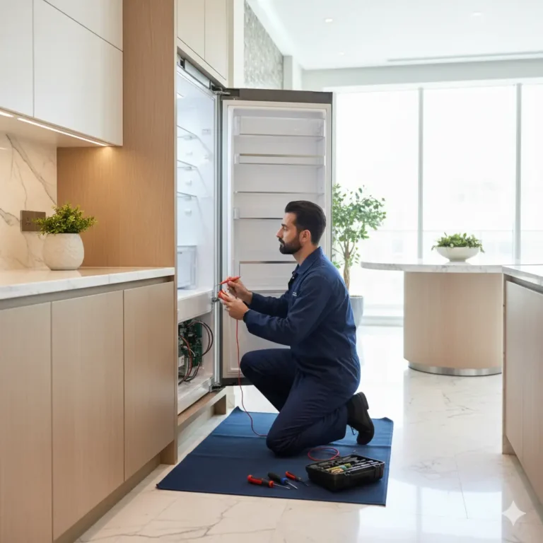 Technician performing fridge repair in Abu Dhabi kitchen using professional tools