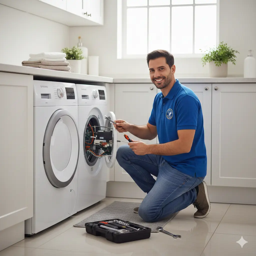 Technician repairing a Miele washing machine in {city}, wearing a blue uniform with "Abu Dhabi Appliance Repair" logo, performing professional home service.