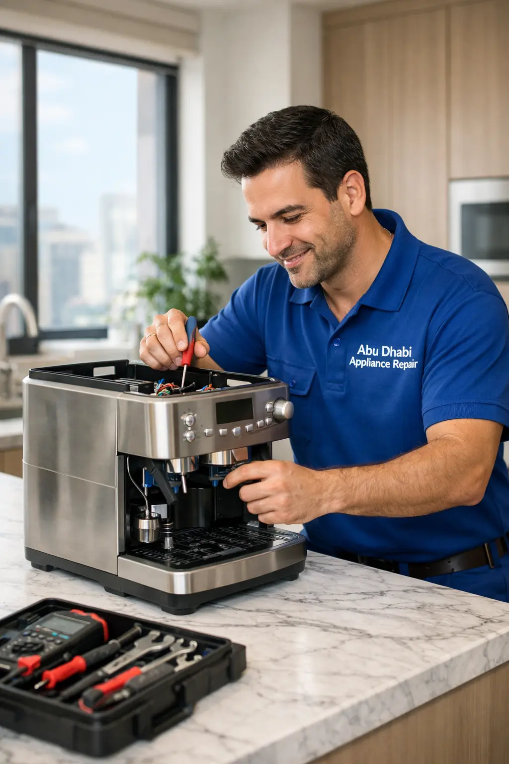 Technician repairing a coffee machine in ({city}), fixing espresso maker with professional tools and equipment.