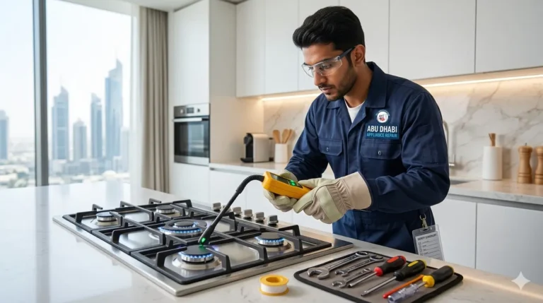 Abudhabi Appliance Repair technician in blue uniform using a gas leak detector on gas stove repair in {City}.