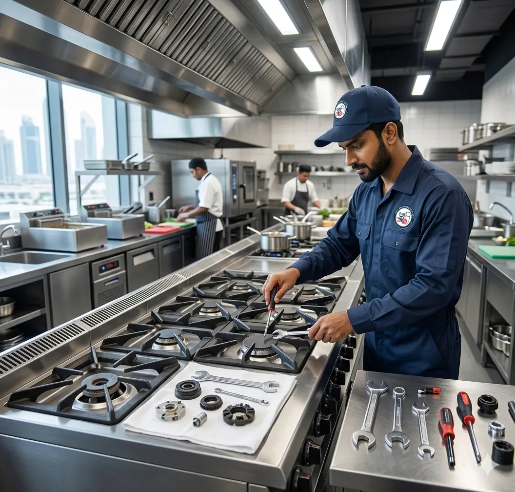 Technician wearing blue Abudhabi Appliance Repair uniform repairing a commercial gas stove in a restaurant kitchen in {City}.