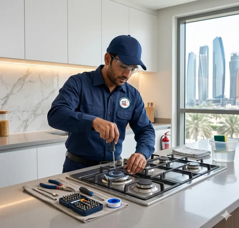 Technician in blue Abudhabi Appliance Repair uniform repairing a built-in gas stove in a modern kitchen in {City}.