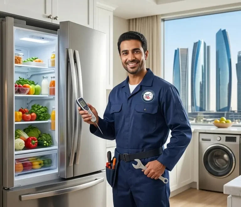 Professional fridge repair technician in Abu Dhabi standing next to stainless steel refrigerator providing same-day service for all brands including LG Samsung and Bosch
