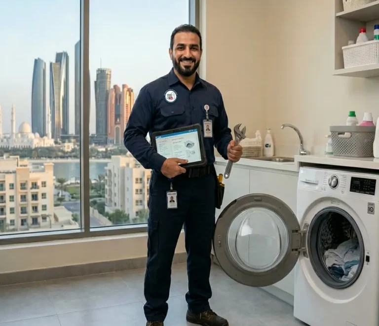 Professional washing machine repair technician in Abu Dhabi providing same-day service for all brands including Bosch LG and Samsung