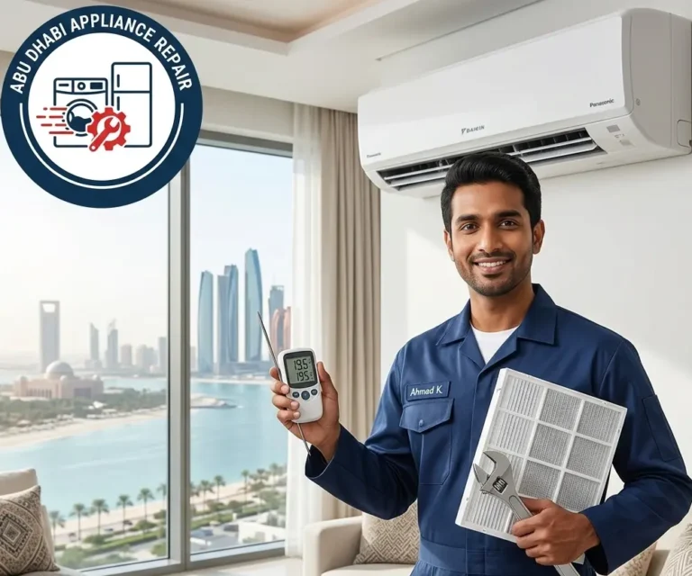 Professional AC repair technician in Abu Dhabi standing next to split air conditioner providing same-day cooling service cleaning and repair for all brands including Daikin LG Samsung and Mitsubishi
