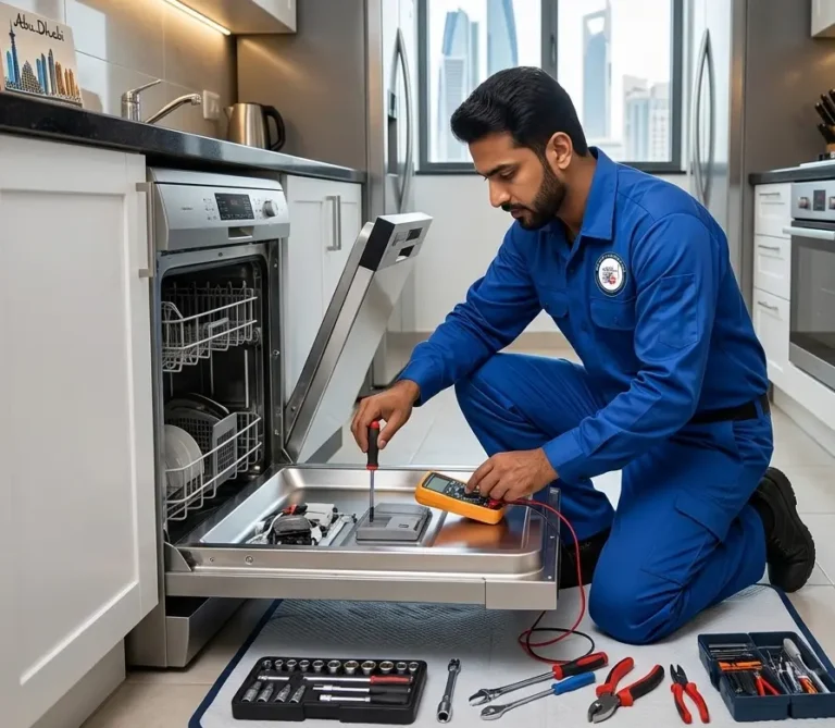 Technician performing dishwasher repair in Abu Dhabi kitchen