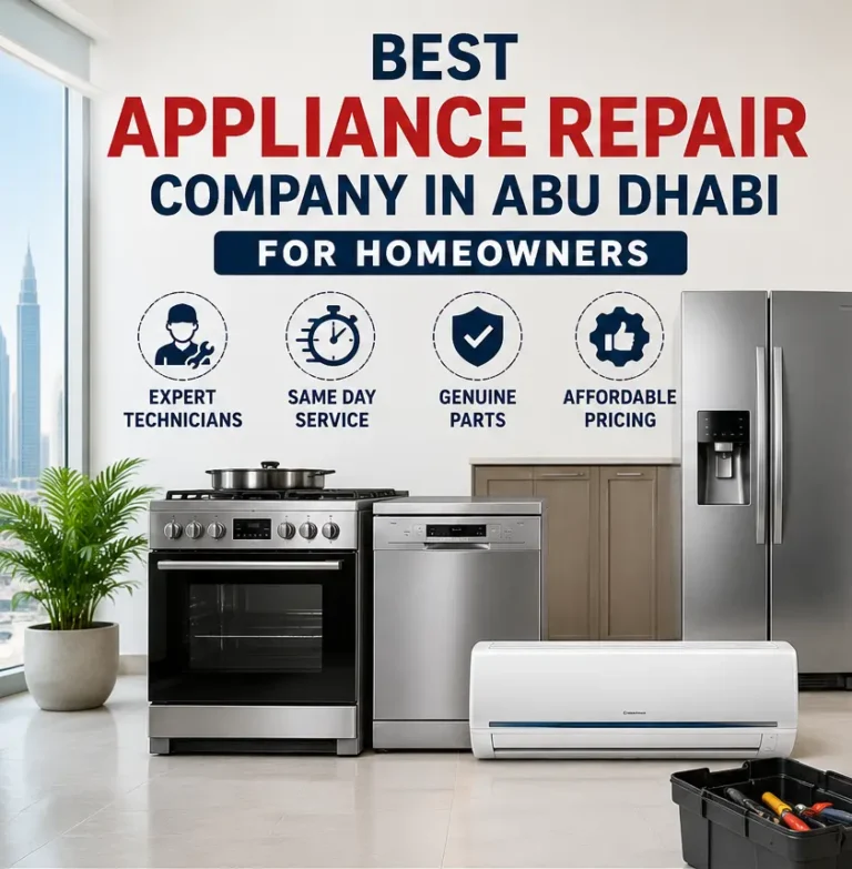 Professional appliance repair technician servicing multiple home appliances in an Abu Dhabi home